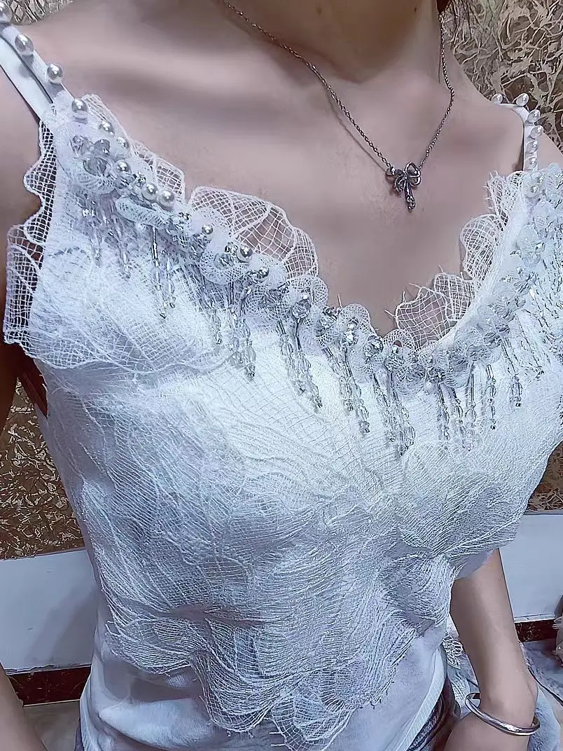 Luxury Beaded Crystal Tassel 2025 Summer Camisole Slim Vest Sexy Women Sleeveless Tee Tank Tops Female Solid White Crop Tops Y2k