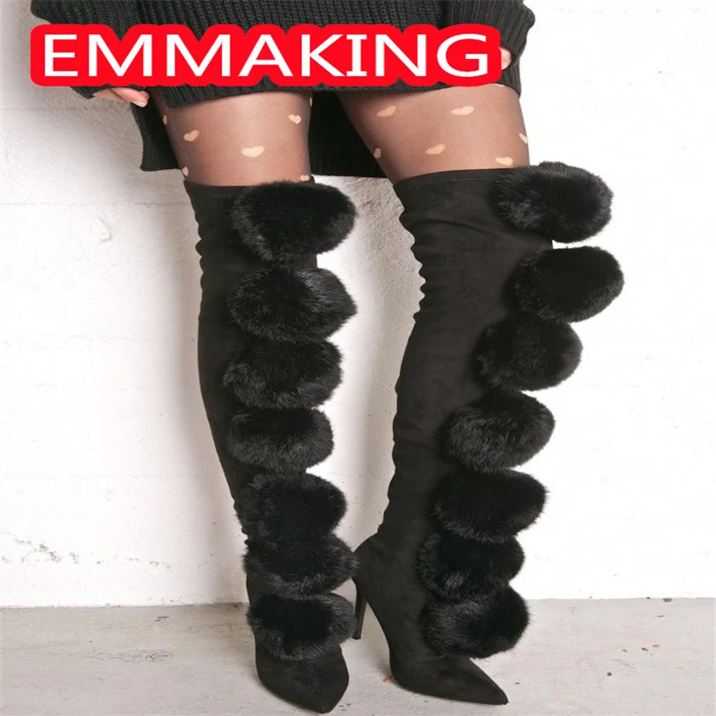 كرات كبيرة رقيق أشار تو حذاء برقبة للركبة الشتاء النساء 2024 نسيج مرن موضة الانزلاق على الجوارب الطويلة ضئيلة مثير حجم 44