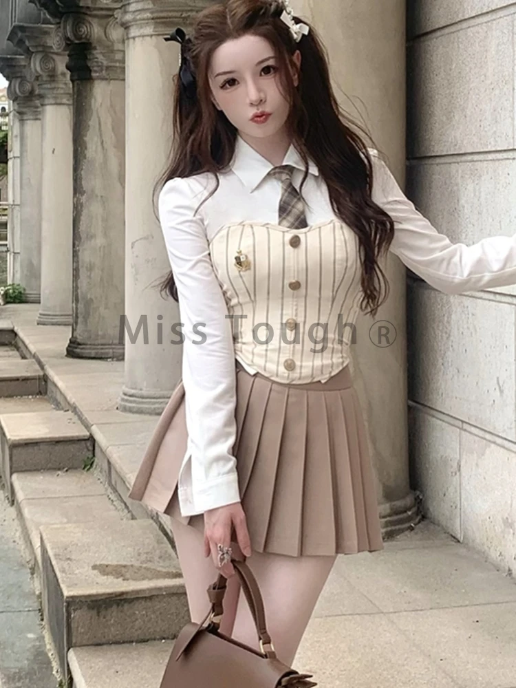 Sweet Elegant 3 Piece Set Women Korean Fashion Party Mini Skirt Set Female Vintage Designer Pleated Skirt Suit 2023 Autumn New