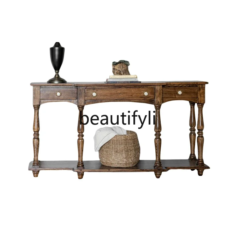 French retro entrance table log wind corridor very narrow   entrance hall side table American solid wood entrance table  R