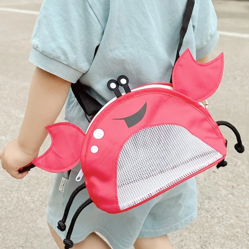 Cute Crab Children Beach Bags Mesh Outdoors Storage Bag Adjustable Kids Crossbody Bag Boys Girls Toys Creative Travel Shell Bag