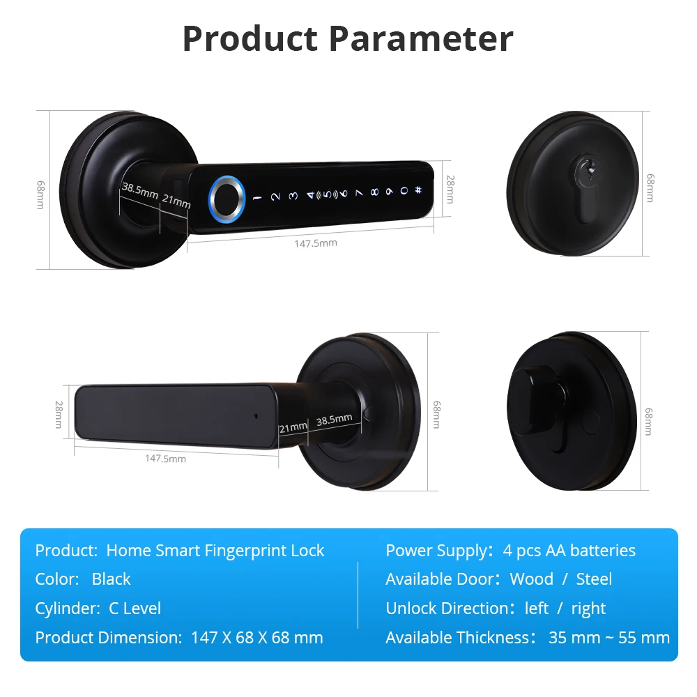 Zemismart Tuya BLE Smart Electronic Door Lock Biometric Fingerprint Lock Encryption Digital Lock App Remote Password Key Unclock