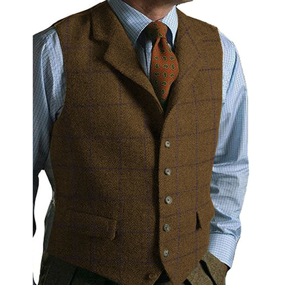 In Stock Men\'s Suits Vest Herringbone  Tweed Wool  Lapel Plaid  Tuxedo  Waistcoat For Jacket Groomsmen Vest For Wedding