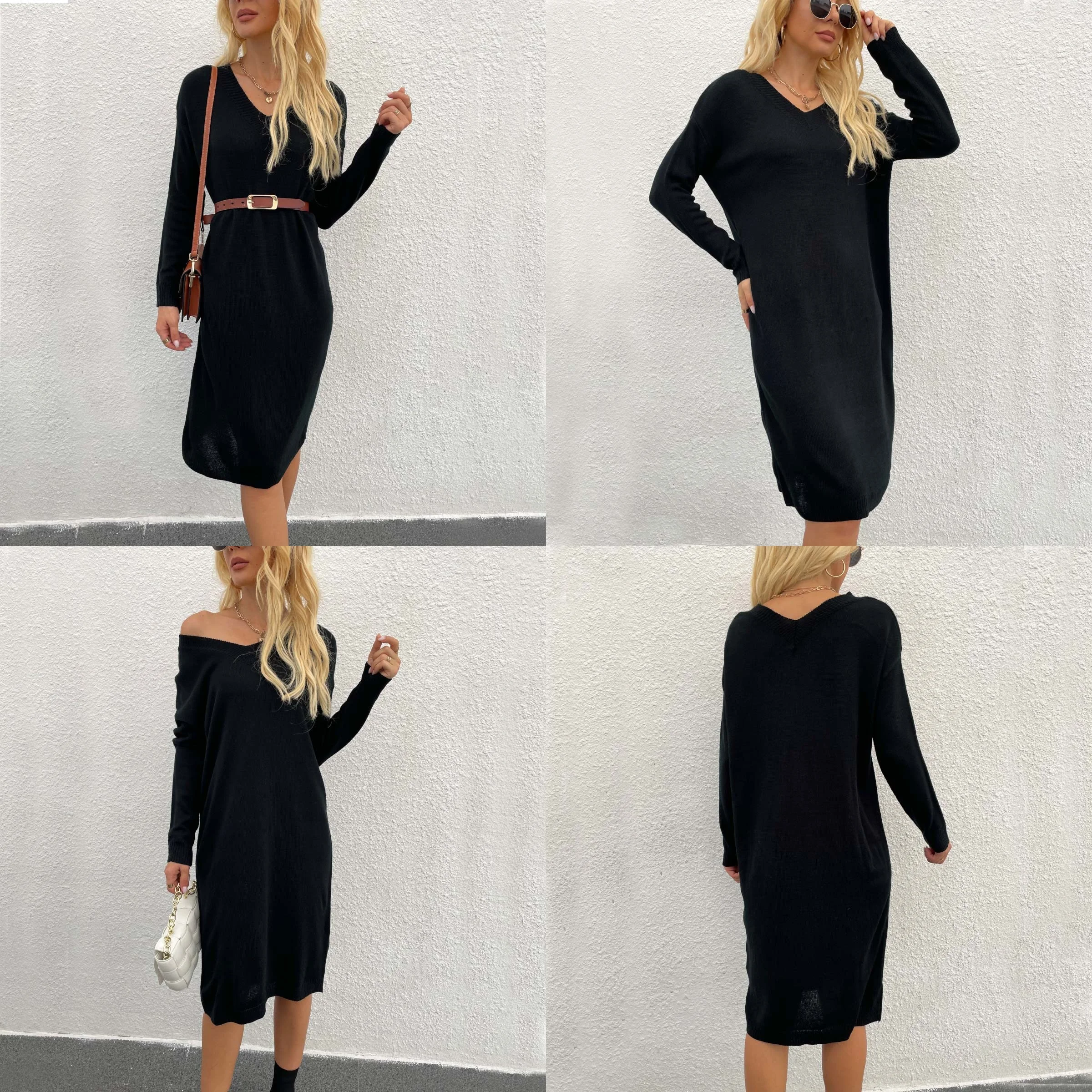 Women V Neck Long Sleeve Sweater Dress Spring Summer Knit Dress Pullover Tunic Top Jumpsuit Playsuit Matching Set