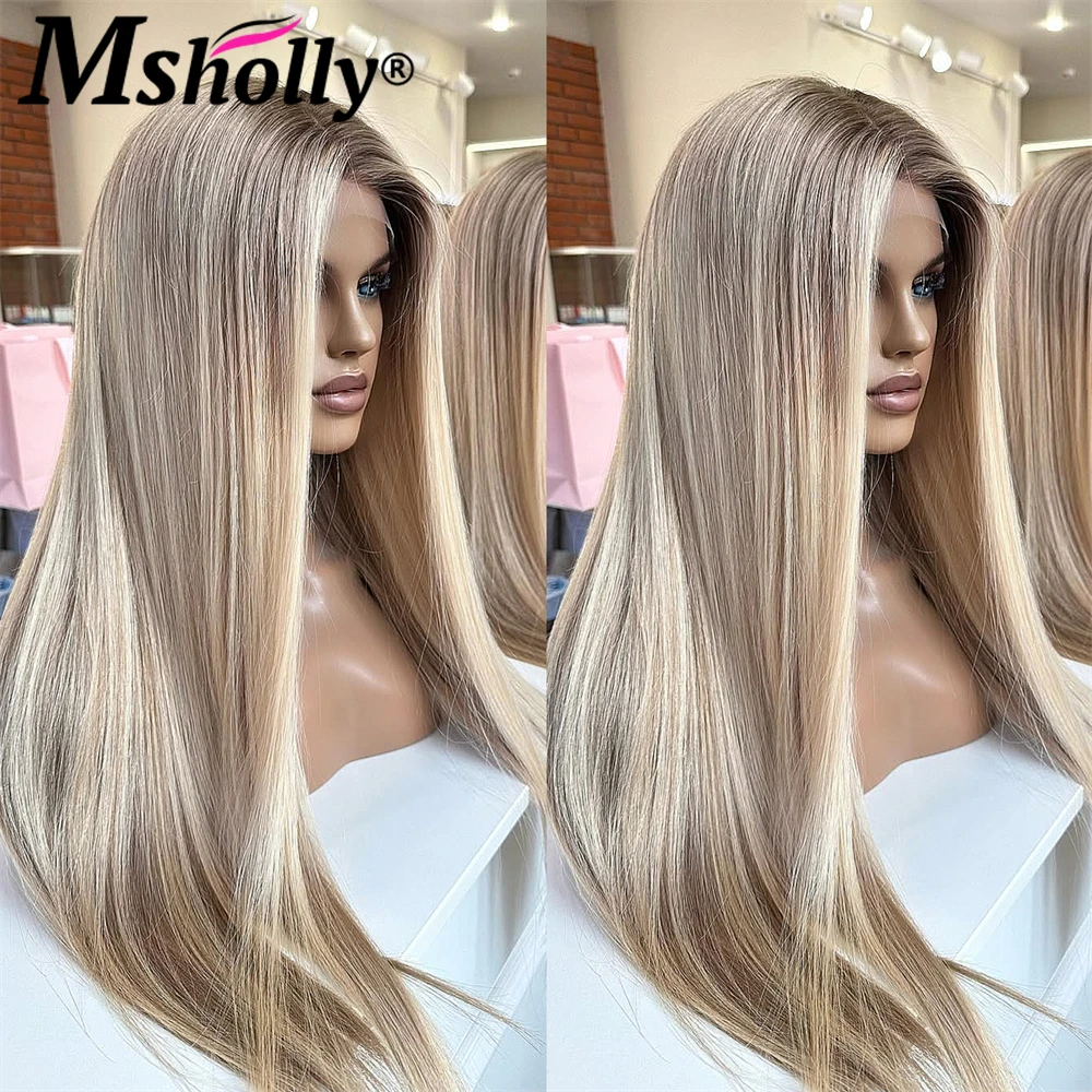 200% Density Long Straight Remy Human Hair Wig 13x6 Lace Front Wig Human Hair Fashion Balayage Beige Ombre Hightlight Blonde Wig