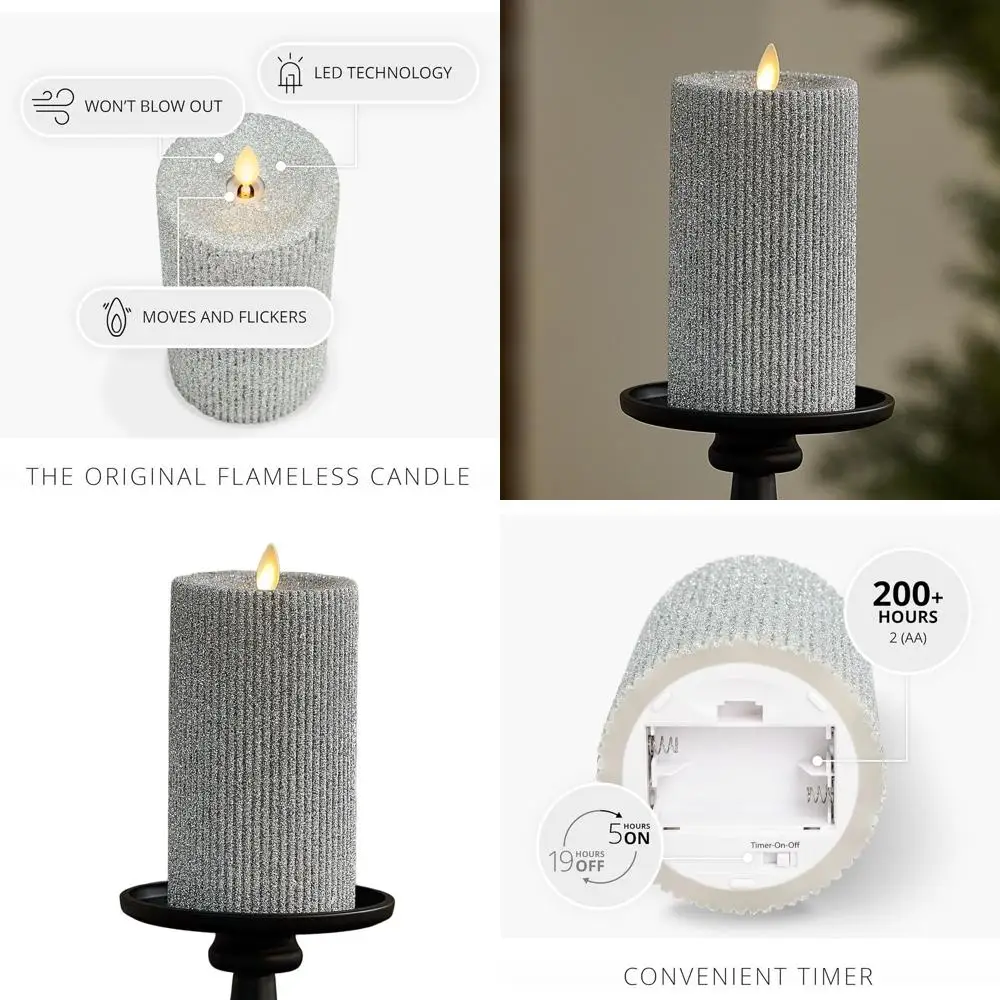 

Сверкающая серебристая ребристая светодиодная свеча с настоящим воском, таймером, 3,25 x 6,5 дюймов