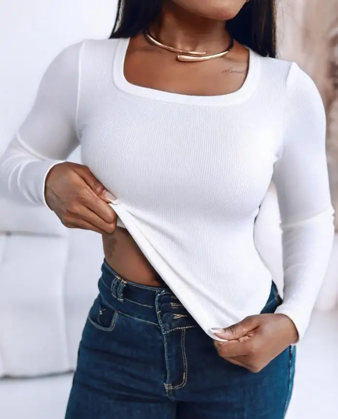 2025 가을 겨울 신상 U넥 긴팔 브라탑 셔츠 캐주얼 심리스 슬림핏 탑 티셔츠 풀오버