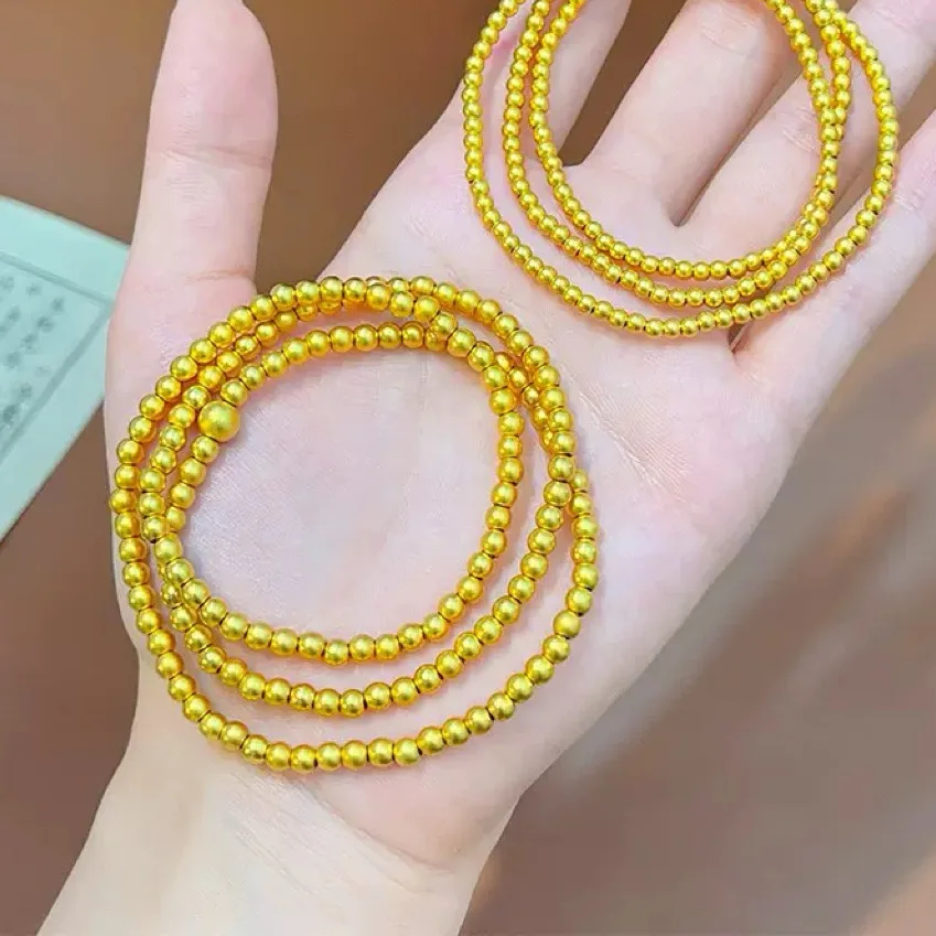 2026 24K Real Gold Plated Long Lasting Color Retention Three Loop Round Bead Good Luck Bracelet Minimalist Versatile Suitable Fo