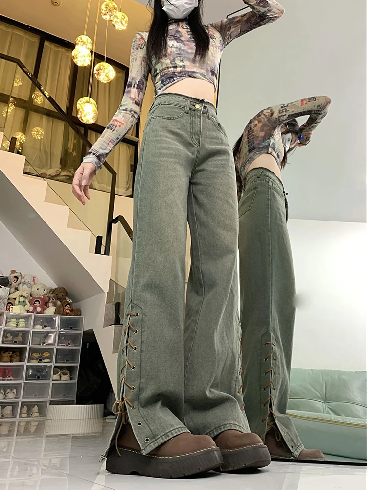 

Женские слегка расклешенные брюки на шнуровке в стиле ретро, модные уличные универсальные брюки длиной до пола с грубыми краями и высокой талией