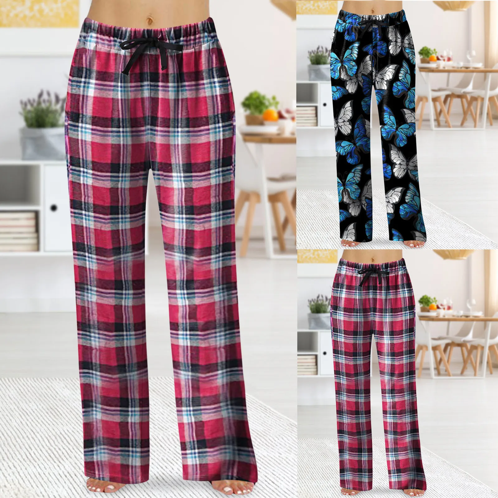 

Women Plaid Flannel Pants Floral Print Trousers Comfy Pajama Pants Wide Leg Straight Casual Pajama Drawstring Stretch Pants