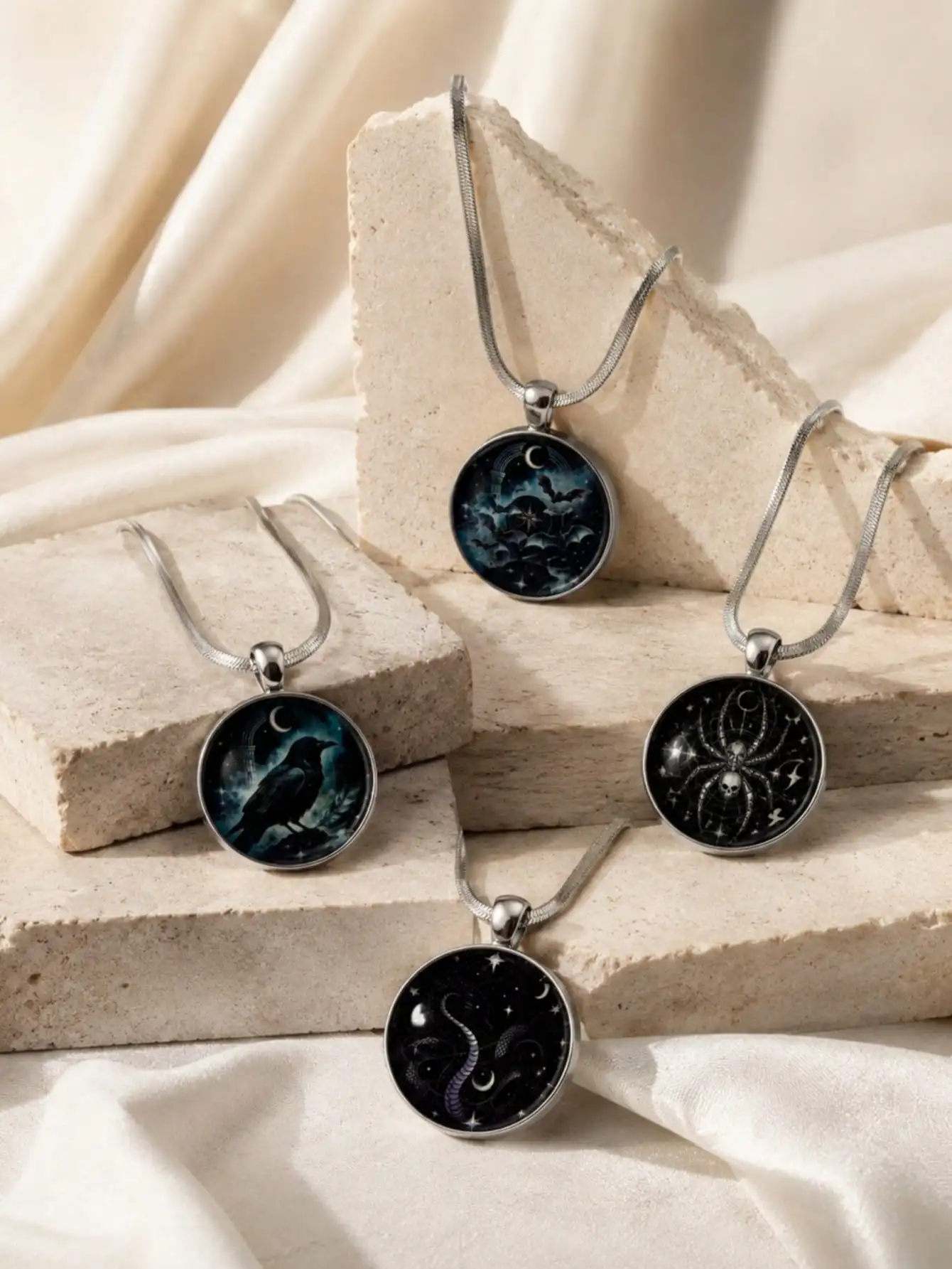 Halloween Gothic Stainless Steel Pendant Necklace for Women Men, Raven Bat Spider Snake Round Charm Necklace, Vintage Dark Style