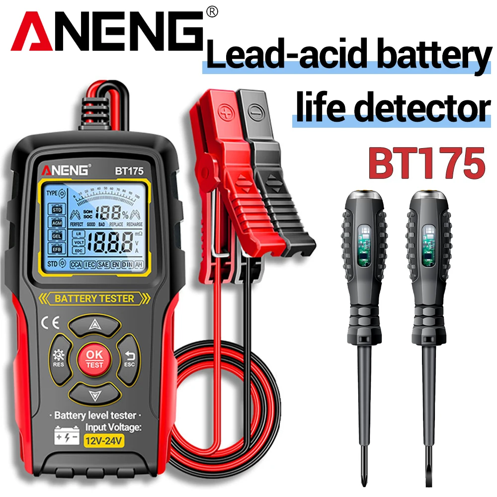 

Тестер аккумуляторов ANENG BT175+B05: быстрое определение, не требует питания от автомобиля, с изолированными зажимами типа «крокодил», в комплекте отвертки и электрический тестер-ручка