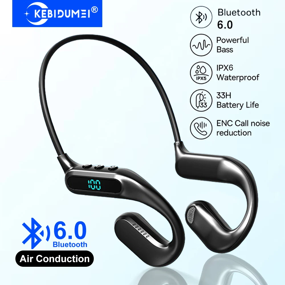 KEBIDUMEI Auriculares Bluetooth 6.0 de conducción de aire, auriculares inalámbricos deportivos con banda para el cuello, auriculares estéreo HiFi con reducción de ruido