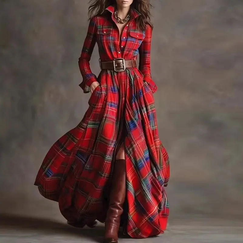 French Retro Plaid Print Slit Long Dresses Woman Elegant Turn-down Collar Button Maxi Dress Autumn Long Sleeve Pocket Boho Dress