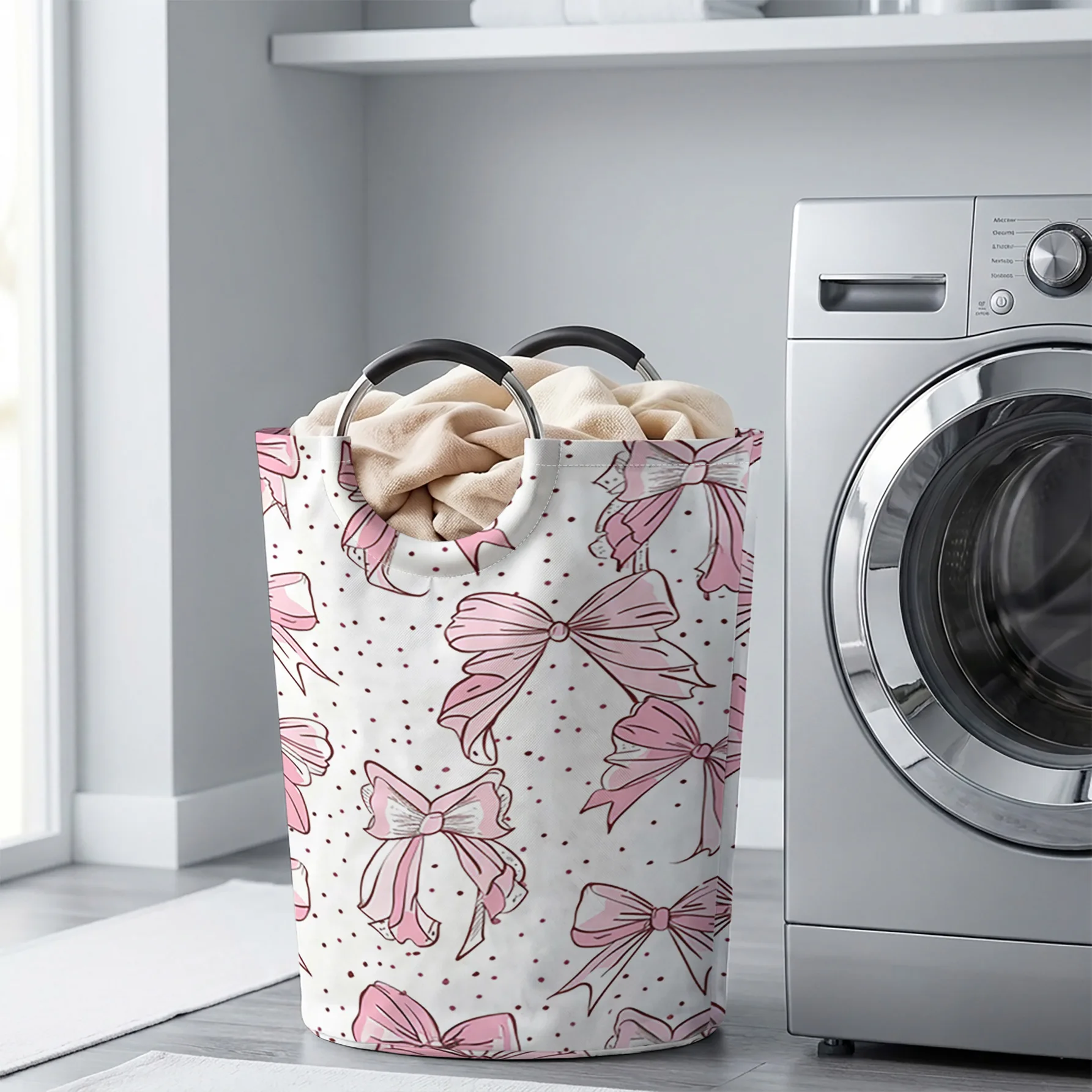 Pink Bow And Polka Dot All‑Over Print Handheld Storage Basket, For Laundry, Bedroom & Home Sundries Storage