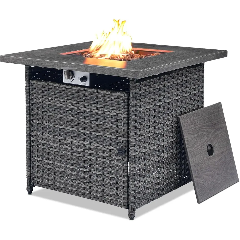 

50000 BTU Propane Fire Pit Table with Lid and Lava Rock, 30 inch Outdoor Firepit Table Wicker Furniture, Square Fireplace