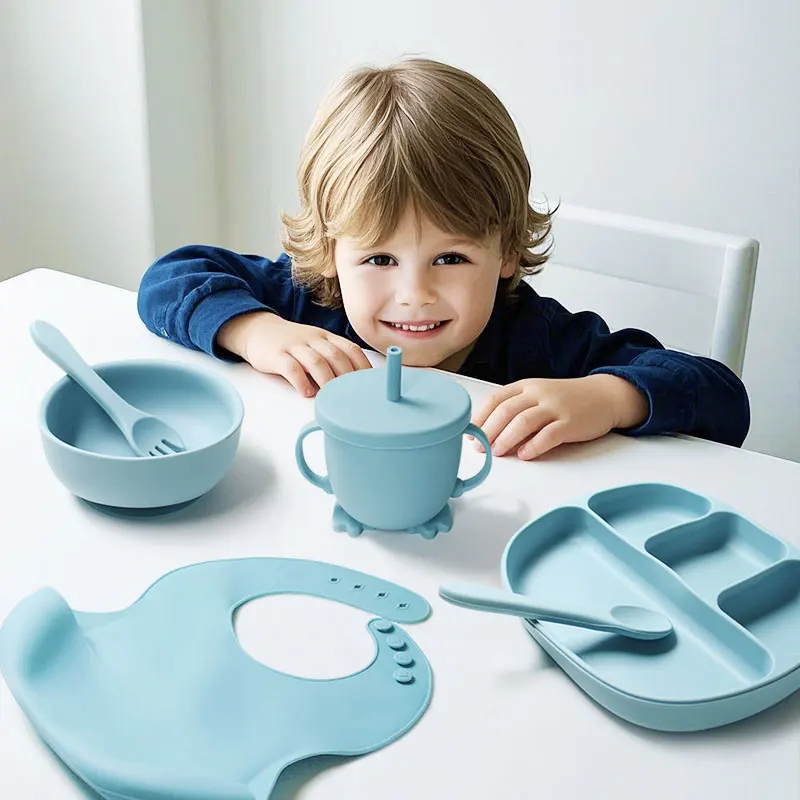 

5-Piece set Baby silicone bowl set include bib cup fork spoon plate 100% BPA Free Silicone Set Blue pure color All in one set