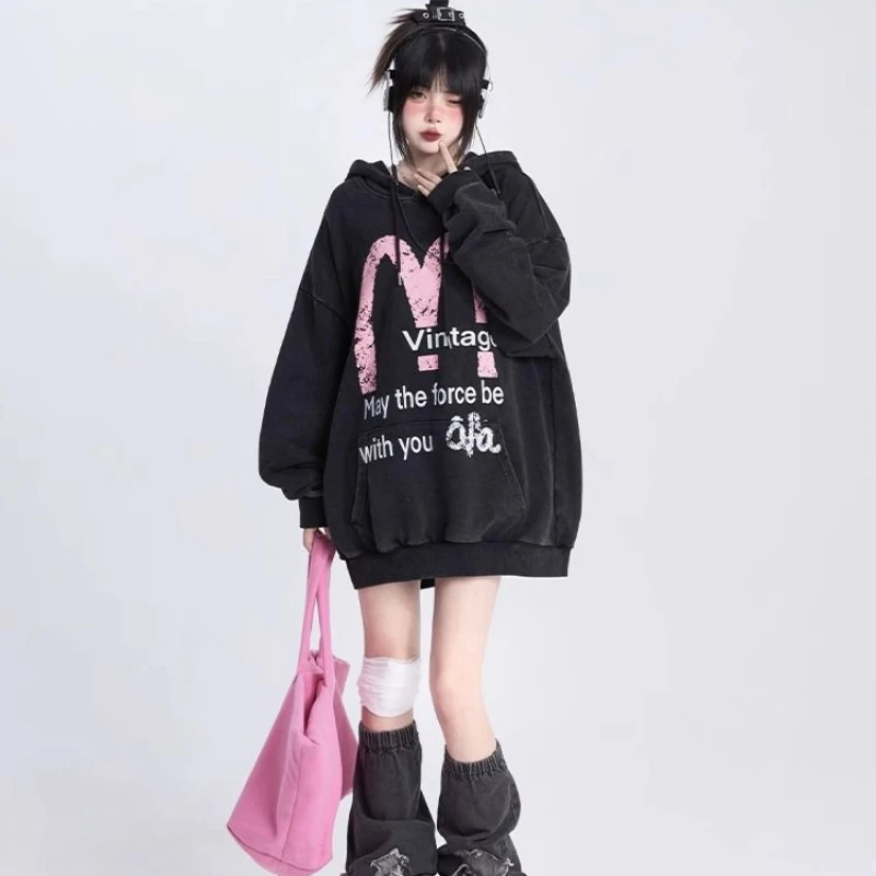 

Spring Autumn Loose Hoodie Women Y2k Aesthetic Sweatshirt Harajuku Gothic Letter Print Vintage Hoody Streetwear Pullover Clothes