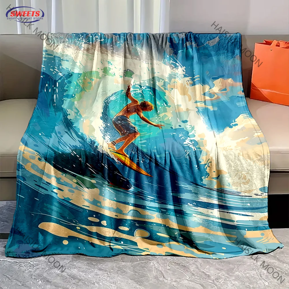Personalized Surf  Theme Soft Fluffy Shawl Blanket Room Sofa Decorative Blanket Holiday Gift for Family Friends Son Daughter