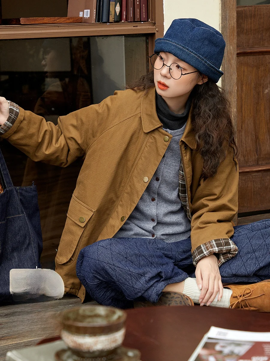 

Original Design Thiened Pure Cotton Jaet Women's Autumn Winter Casual Sle Retro Commute Loose Fit Zipper Closure Coat