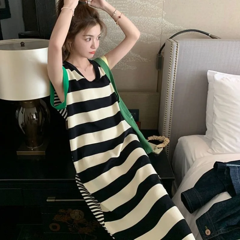 Korean Lazy Black and White Stripes Nightdress New Style Loose Advanced Fallow Sleeveless Dresses Can Be Worn Outside  Summer