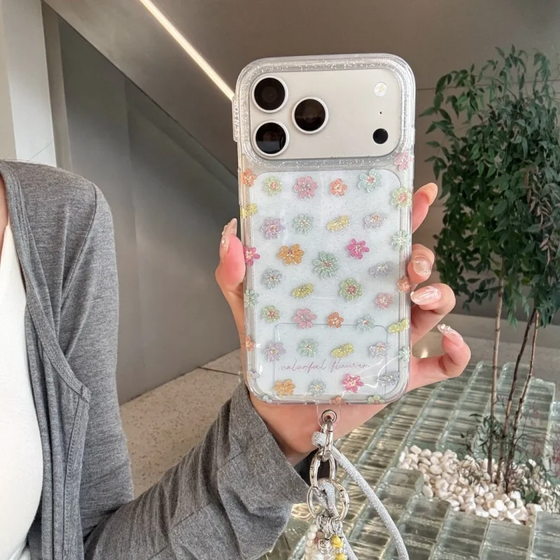 

Clear Glitter Color Little Flower Phone Case For iPhone 17 16 Pro 15 Pro Max Cover with Pendant Hand Rope Cute Protective Cases