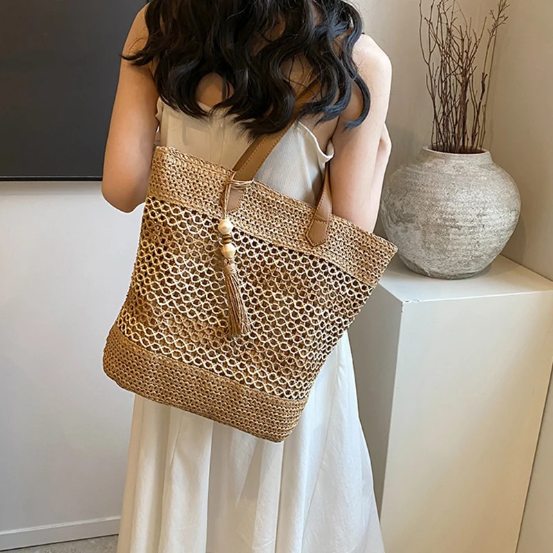 Sommer Stroh Taschen für Frauen Hohe Qualität Rattan Schulter Tasche Reise Handarbeit Gewebt Strand Handtaschen Weibliche Große Kapazität Totes – Detail 9