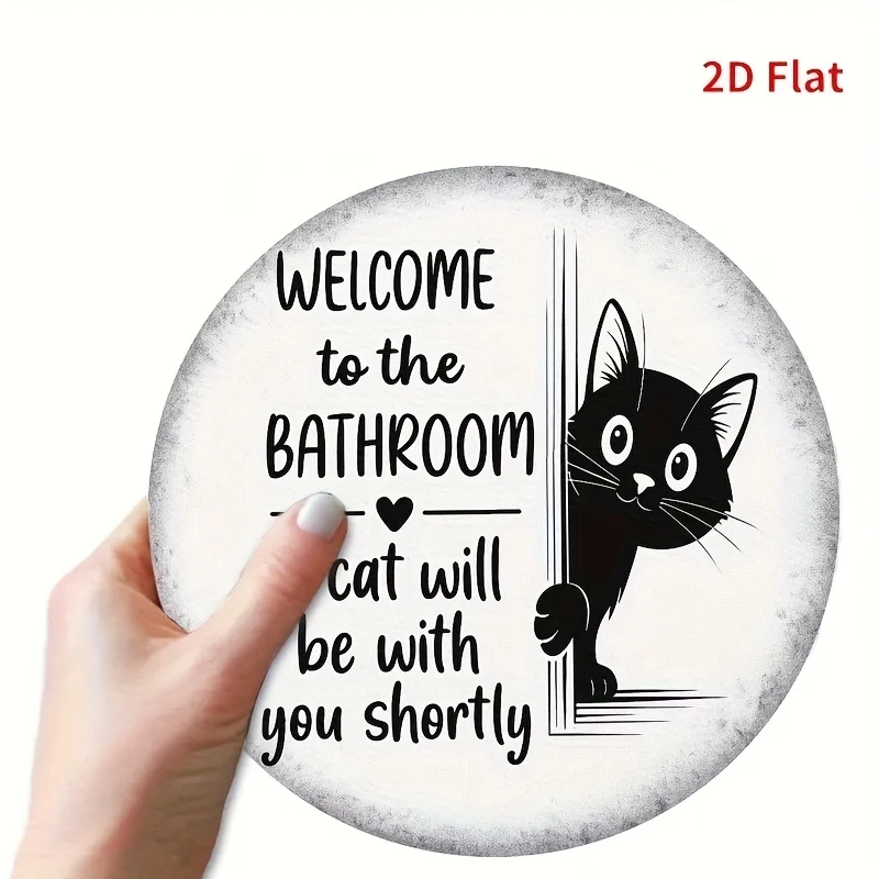 2D Flat,  2D Flat Bathroom Cat Wooden Decorative Sign - Humorous Black Cat with 