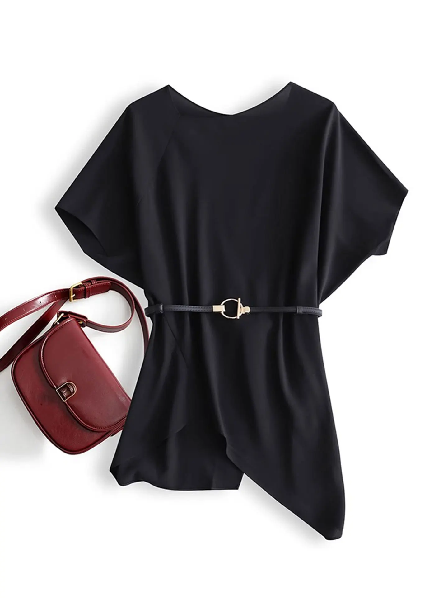 

Ele ort Sve Overhead Pure Color Top Women's Faion Commute Straight Cut Korean Sle Summer irt Uneven Design