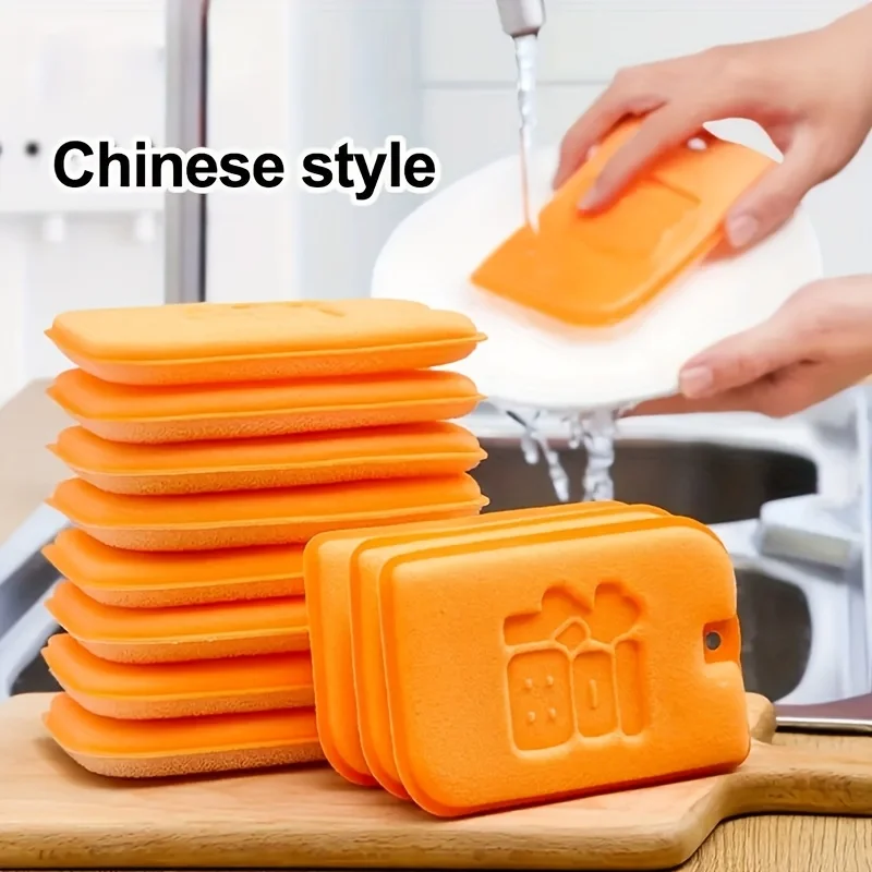 6-Piece Set of Orange Dishwashing Sponges, Double-Sided Kitchen Cleaning Pads, Quick-Drying and Stain-Removing Cleaning Wipes