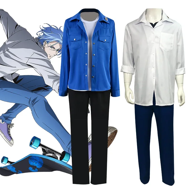 Anime SK8 the Infinity Langa Hasegawa Cosplay Costume Skating Street Wear Tee Jacket Pants Gloves Hasegawa Ranga Blue Short Wig