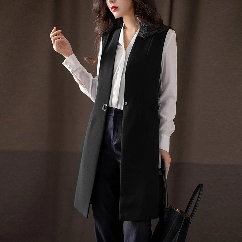 Imagem -02 - Colete Longo Slim Fit Feminino Colete Preto e Azul Blazer Feminino Cabolsa de Escritório Jaqueta sem Mangas Cabolsas Primavera Outono 5108