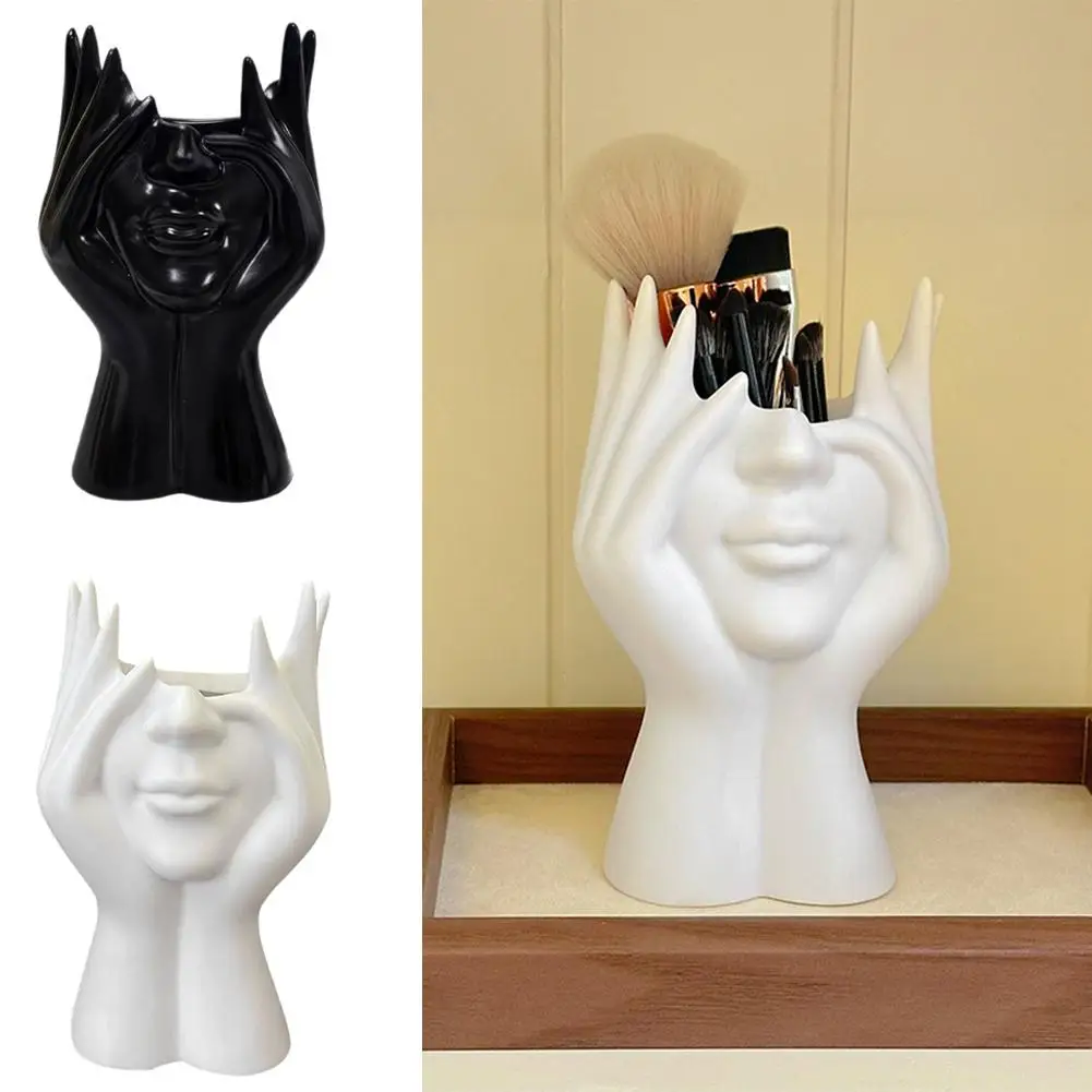 Make-up-Pinselhalter, Tischdekoration mit menschlichem Gesicht, Vase, kompatibel mit Make-up, Augenbrauenstiften, Heim-Organizer, Kunststoffmaterial