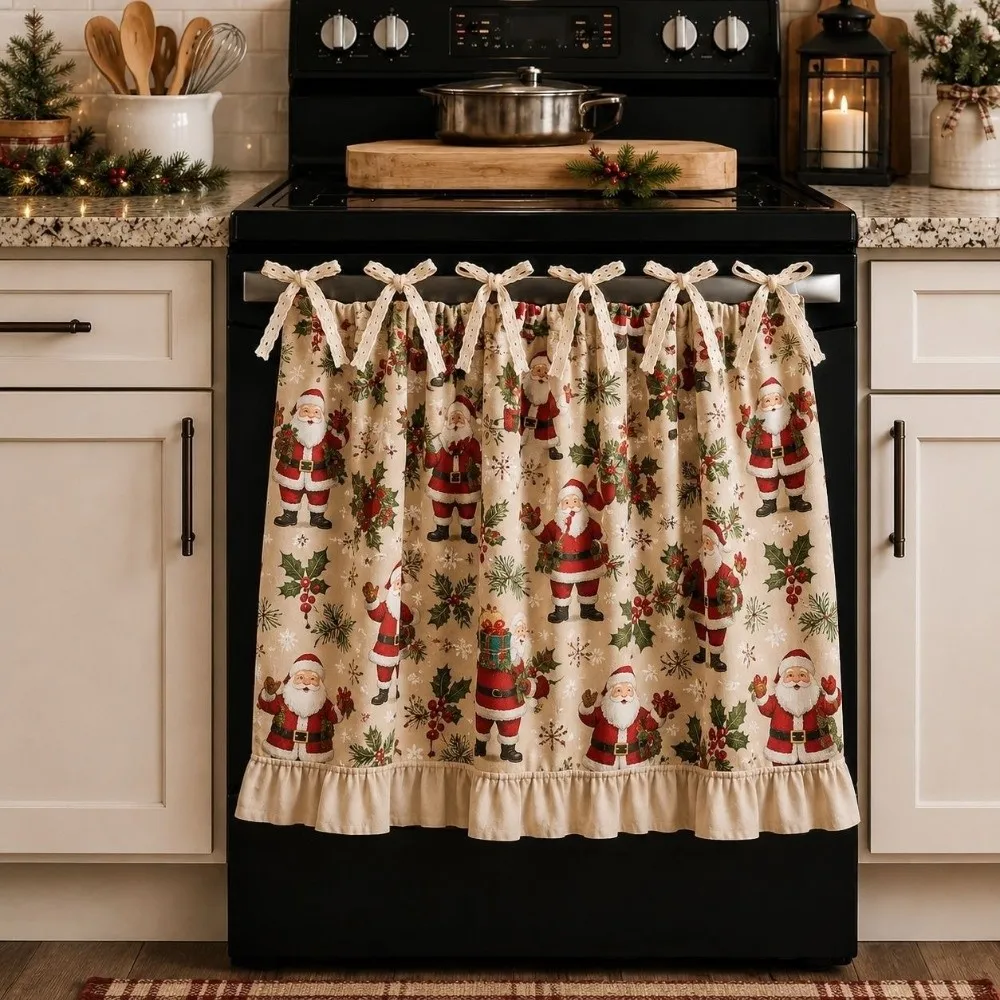 Ruffle Edge Christmas Oven Short Curtain Snowman Deer Decorative Kitchen Stove Short Curtain Countryside Style Xmas Tree
