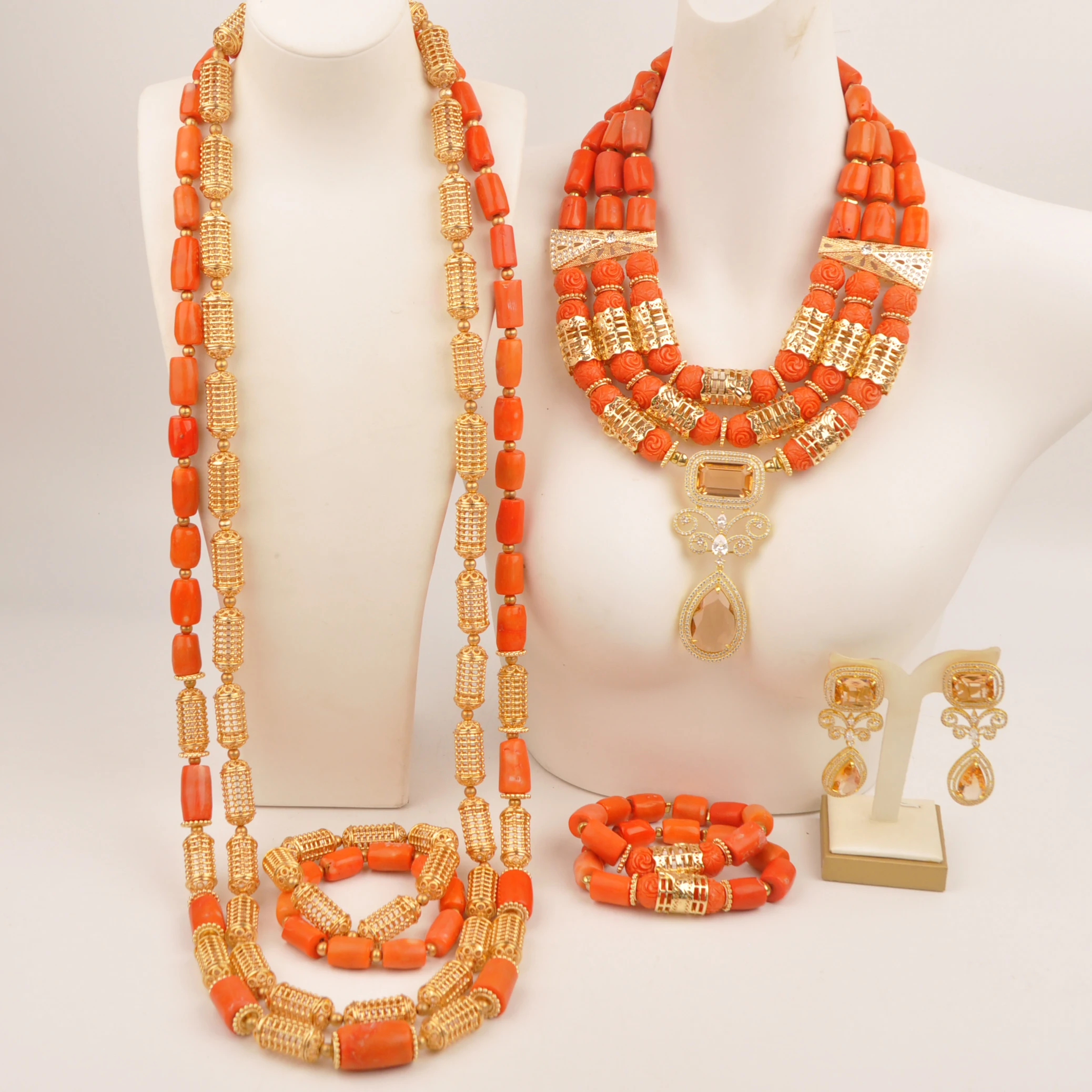 New Fashion! Original Coral Bead Couple Jewelry for Weddings African Bride Set Nigeria Groom Jewelry