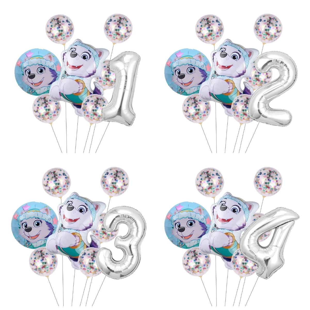 Set de 7 Globos de Aluminio de Patrulla Canina Everest, Globos de Látex con Confeti Plateado con Números del 0 al 9, Decoración para Fiestas de Cumpleaños, Suministros para Globos