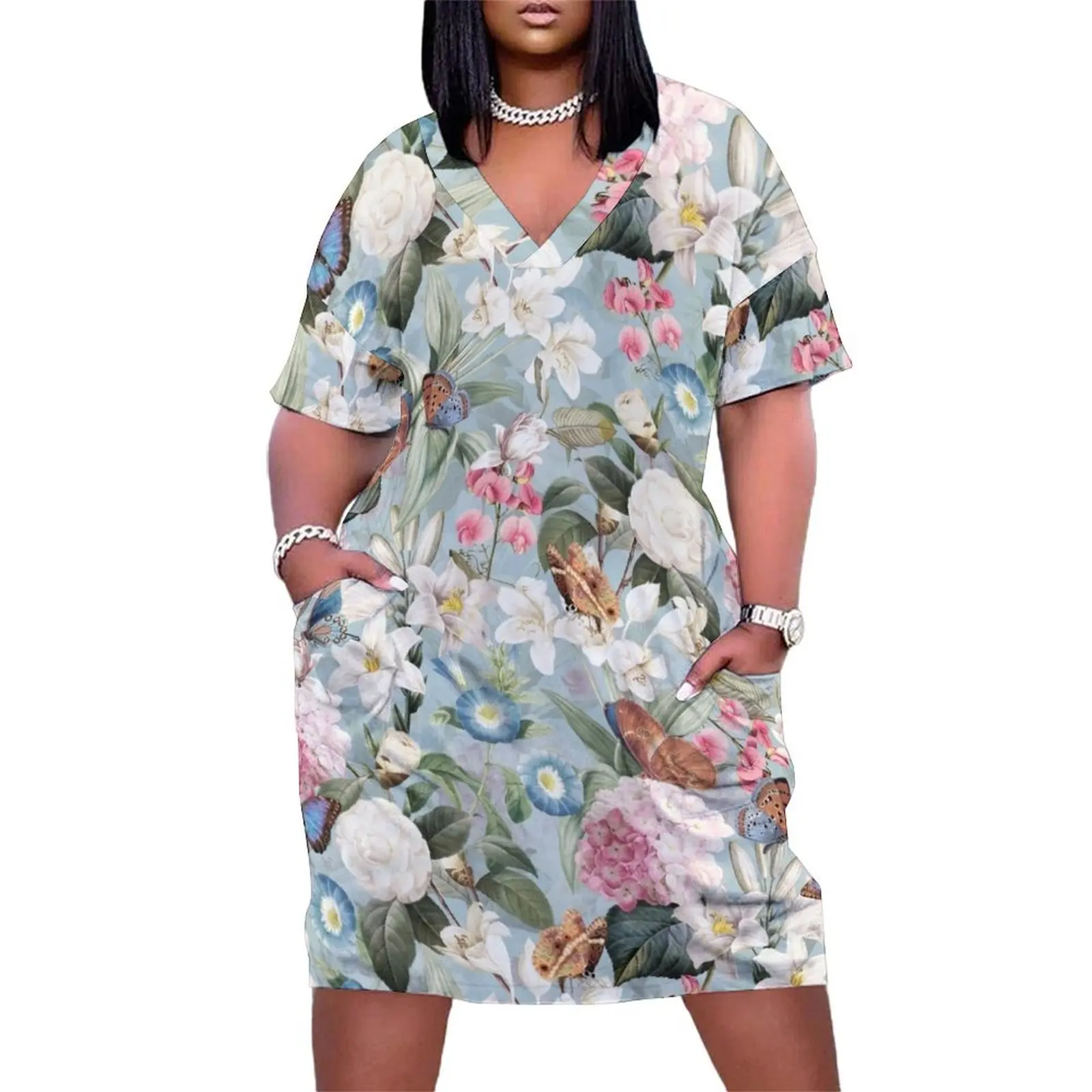 

Vintage Tropical Flowers - Hydrangea Lilies,Camellia And Exotic Butterflies, on Sepia Teal Loose Pocket Dress