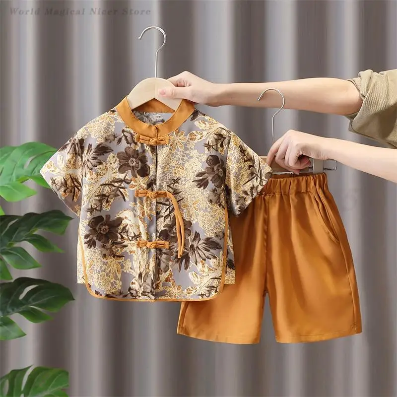 

Детский костюм Тан, традиционный китайский комплект ханьфу, новые летние шорты с короткими рукавами и принтом, восточный наряд, детский костюм для мальчиков