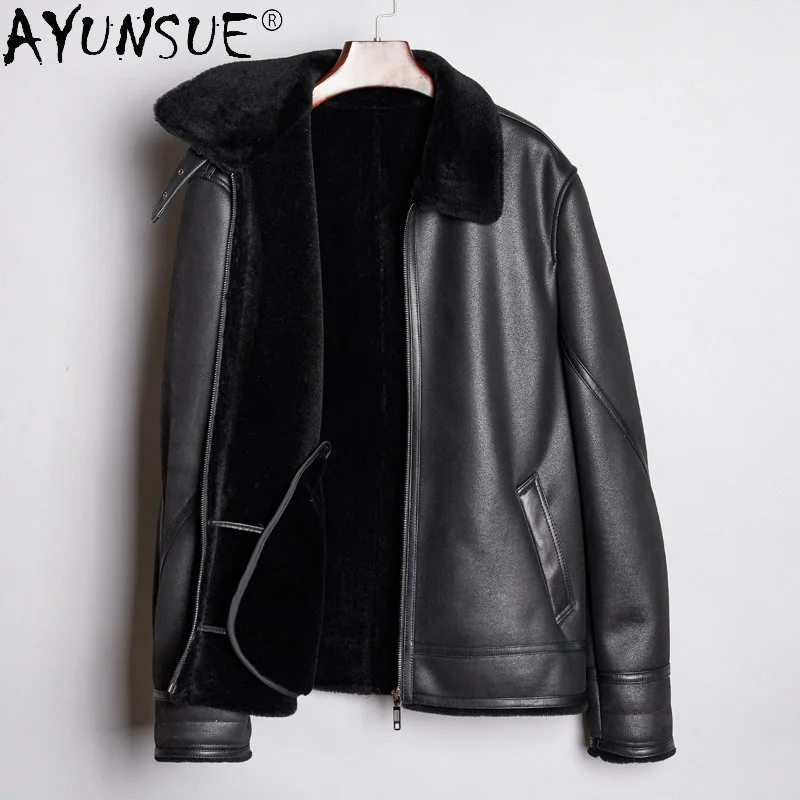 

Men Jacket Winter Genuine Sheepskin Leather s 100% Wool Fur Coat Biker Thickened Black Coats Abrigos