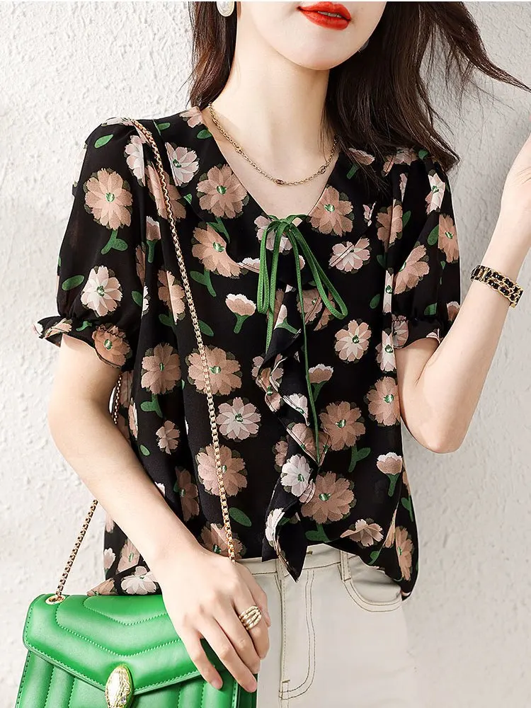 Blusa de chiffon com babados com design estampado para mulheres verão estilo fino solto casual emagrecimento mangas curtas