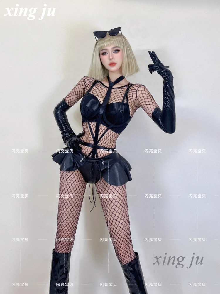 Nuevo disfraz de actuación de chica novedosa para discoteca, baile en barra, mono calado de malla negra Sexy, trajes de bailarina de escenario DJ para cantante femenina