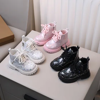 Botas cortas para niñas, botines individuales de estrella brillante a la moda para niños, botines antideslizantes rosa, blanco y negro, novedad de Otoño Invierno 2024