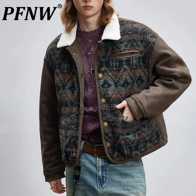 

PFNW Men's New Winter Wool Collar Jacket American Trendy Lapel Jacquard Design Coat Contrast Color Warm Cotton Padded 28W5200