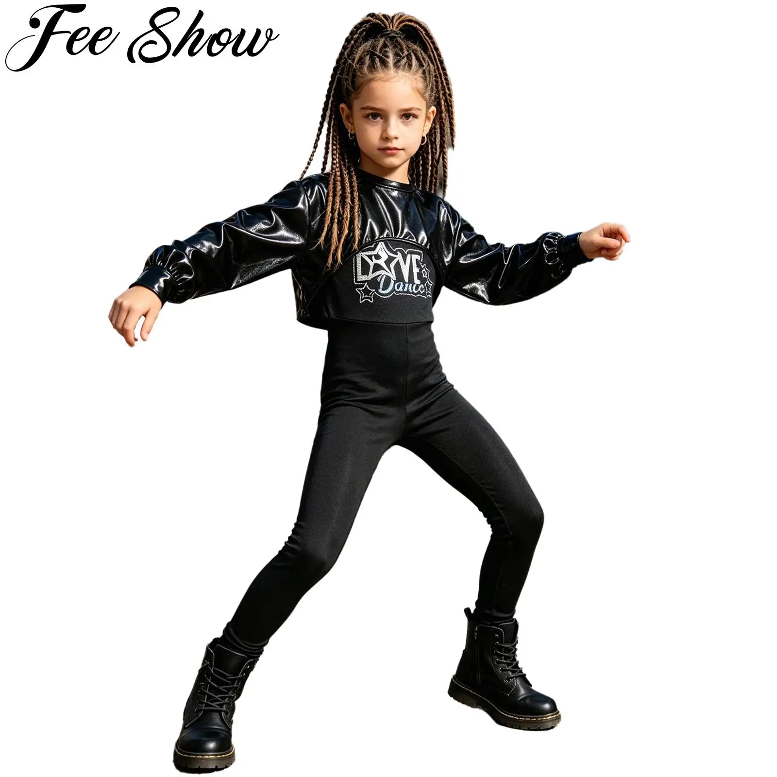 Kids Girls Hip Hop Modern Jazz Dance Performance Costume Long Sleeve Metallic Crop Top with Letter Printed Jumpsuit Streetwear