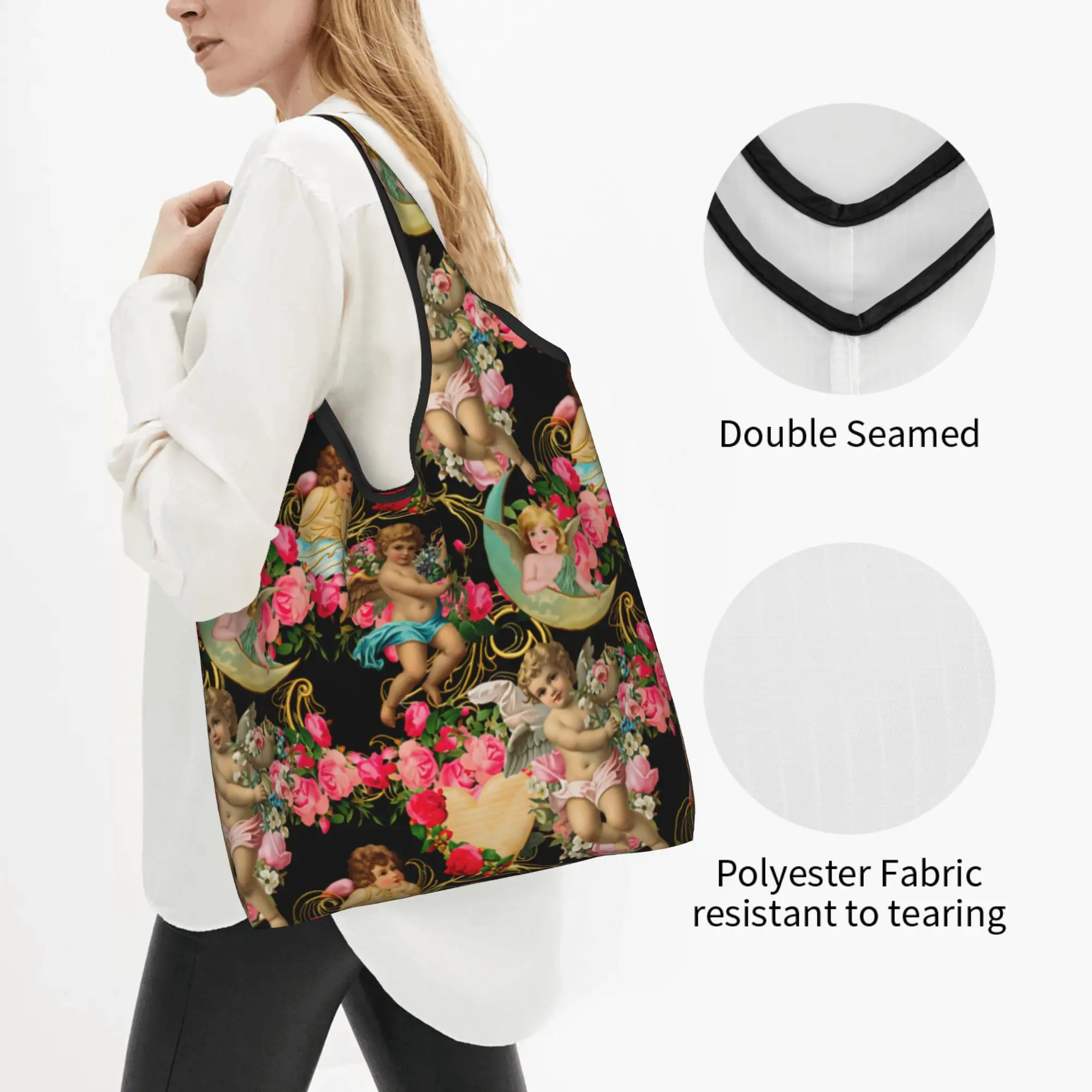 Custom Ornate Baroque Angel Rococo  Shopping Bag Women Portable Large Capacity Grocery Victorian Renaissance  Shopper Tote Bags