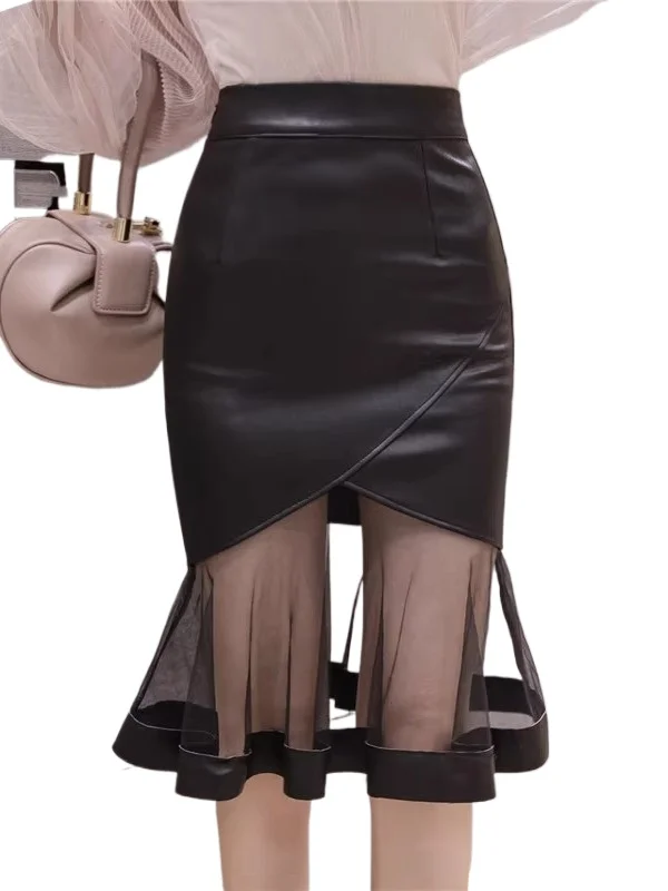 

Winter PU Leather Skirt Mesh Panel Stretchy Bodycon Black Sexy Fish Tail Midi Skirt