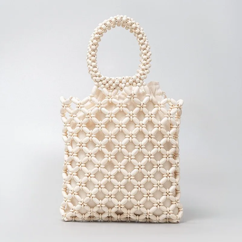 

Summer Holiday Tote Bags Women's Fashion Boho Style Wooden Beading Handbags Beach Vacation Hollow Out Woven Bag Bolsos Mujer