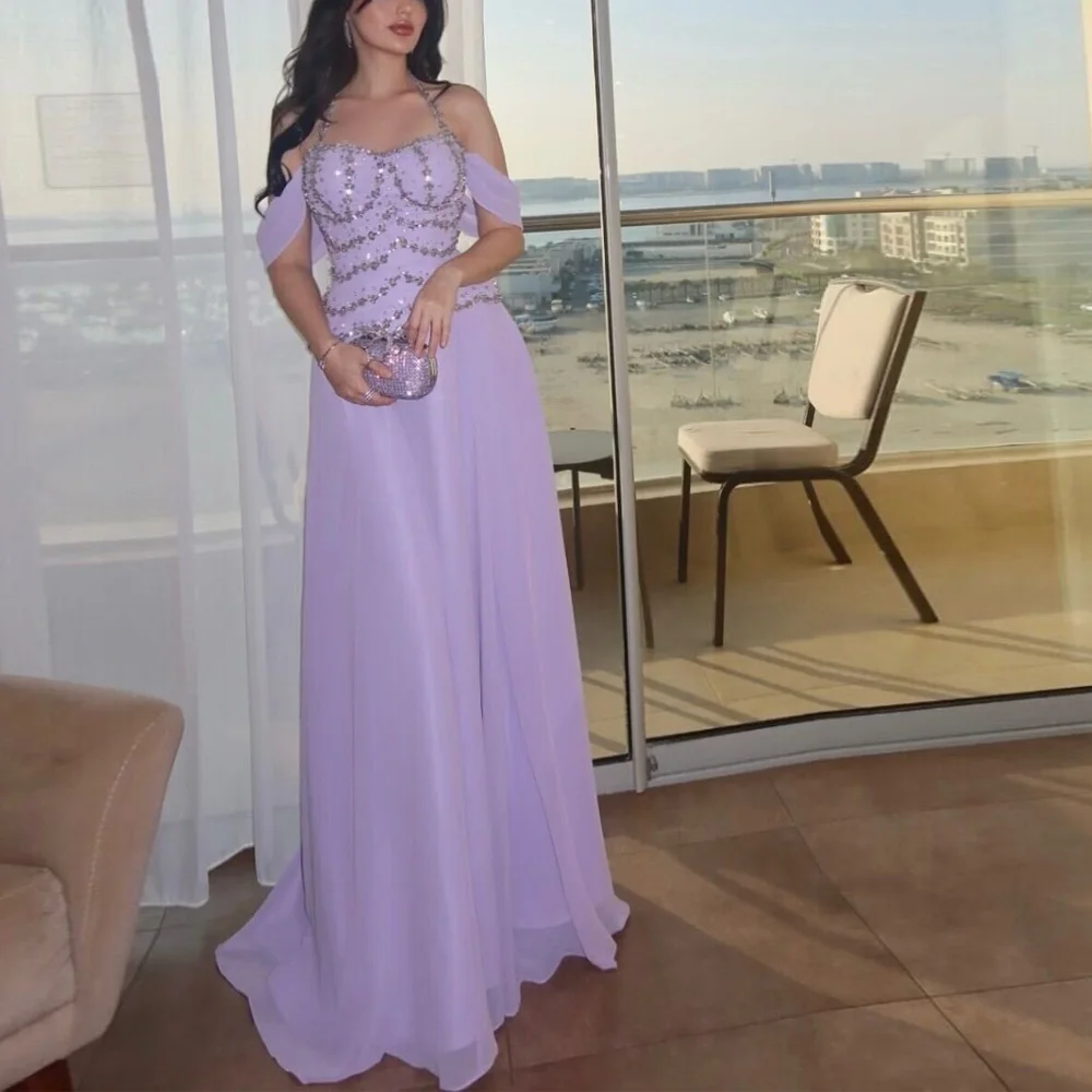 

Customized Halter Off the Shoulder Evening Dress Beading Embellished A Line Wedding Party Gown Purple Chiffon Formal Maxi Dress