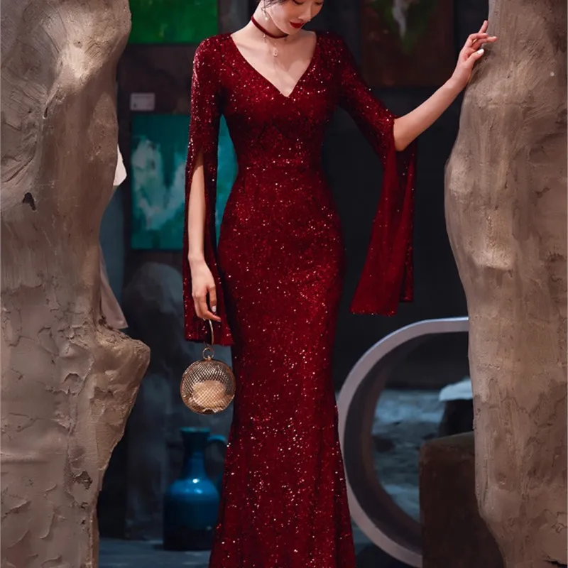 Red new light luxury niche banquet temperament hosted fishtail dress