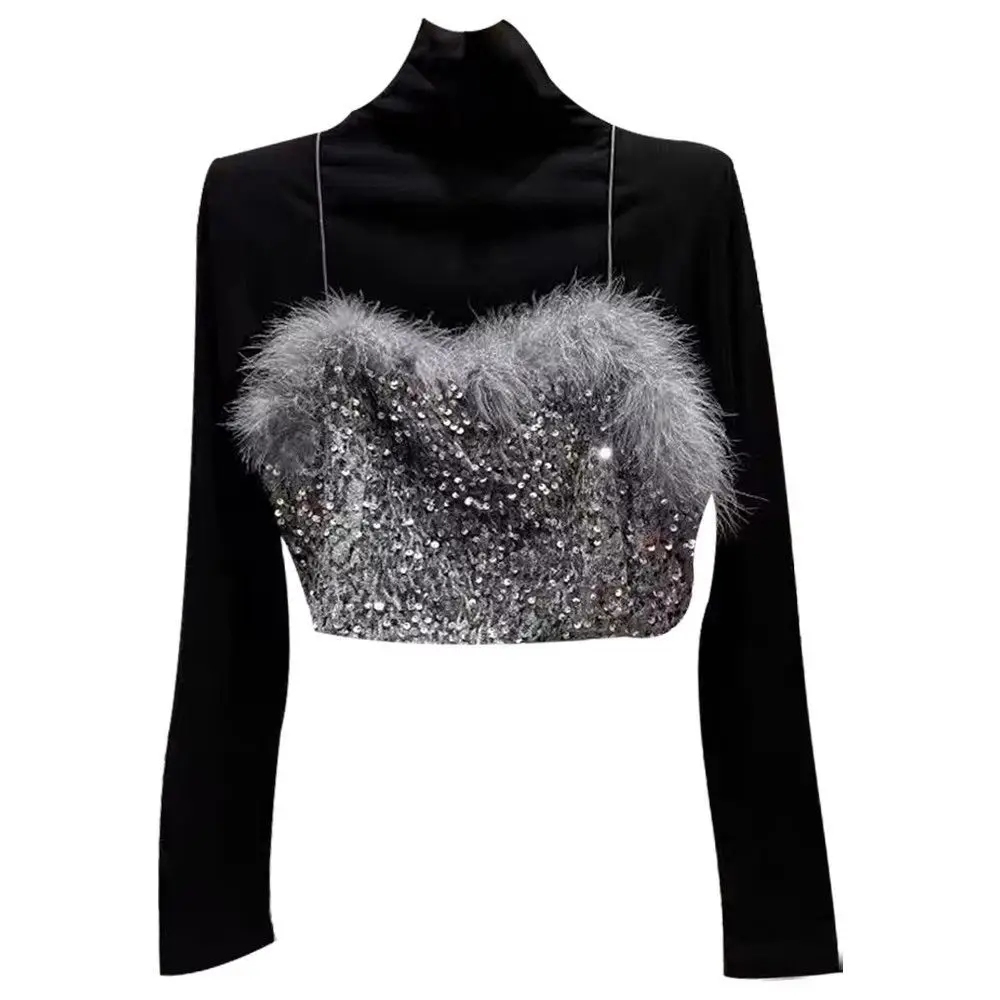 Fashionable Furry Sequin Turtleneck Short Top Winter Women's Wear with Bottoming Straps Long-sleeved T-shirt Two-piece Set